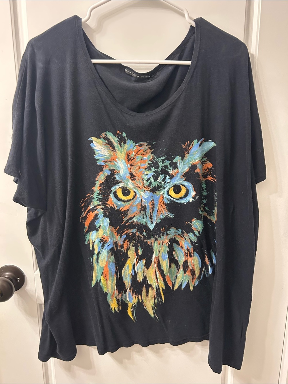Truly Madly Deeply Black Tee with Colorful Owl Graphic